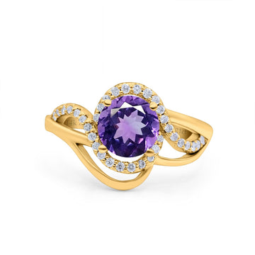 14K Yellow Gold 1.49ct Art Deco Round 7mm G SI Natural Amethyst Diamond Engagement Wedding Ring Size 6.5